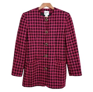 Vintage Jacqueline ferrar black pink gingham plaid collarless blazer the nanny
